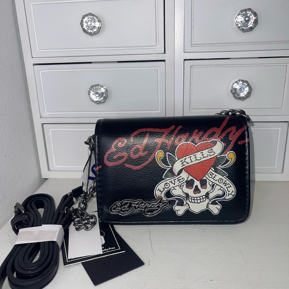 NWT Ed Hardy Black Skull Chain Clutch - Picture 4 of 10